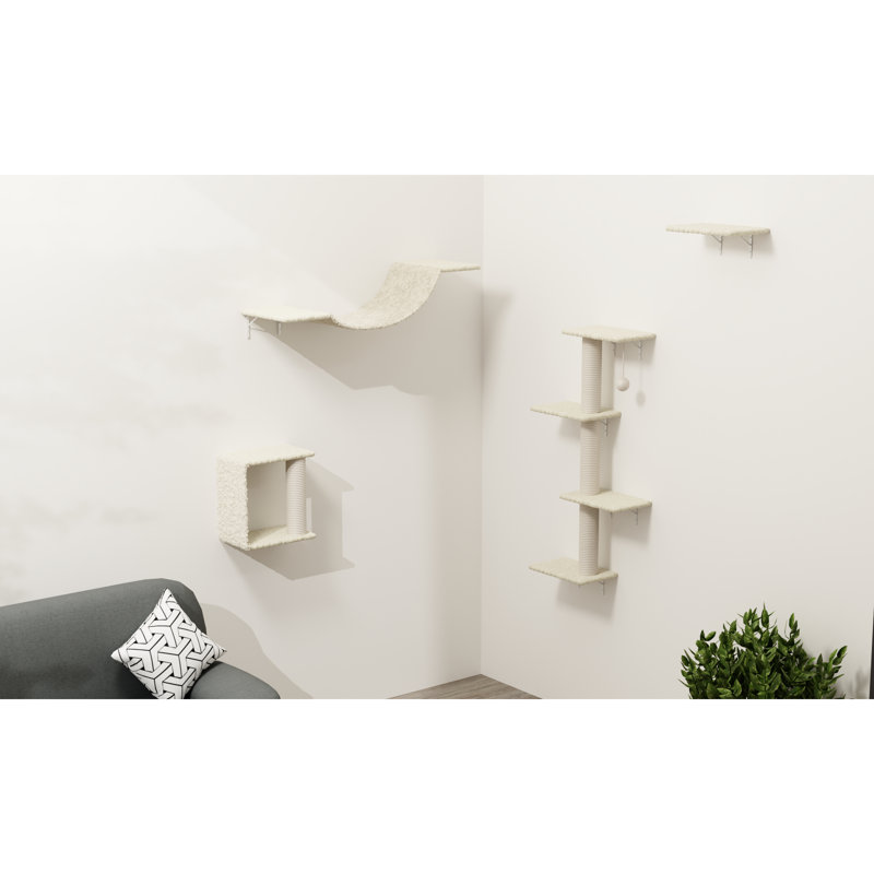 Meuble pour chat moderne 4 pièces avec tablettes murales, pont, marches et arbre en corde, panneau de particules doux, conception verticale peu encombrante, bricolage réglable facile à installer en structure d'escalade, installation