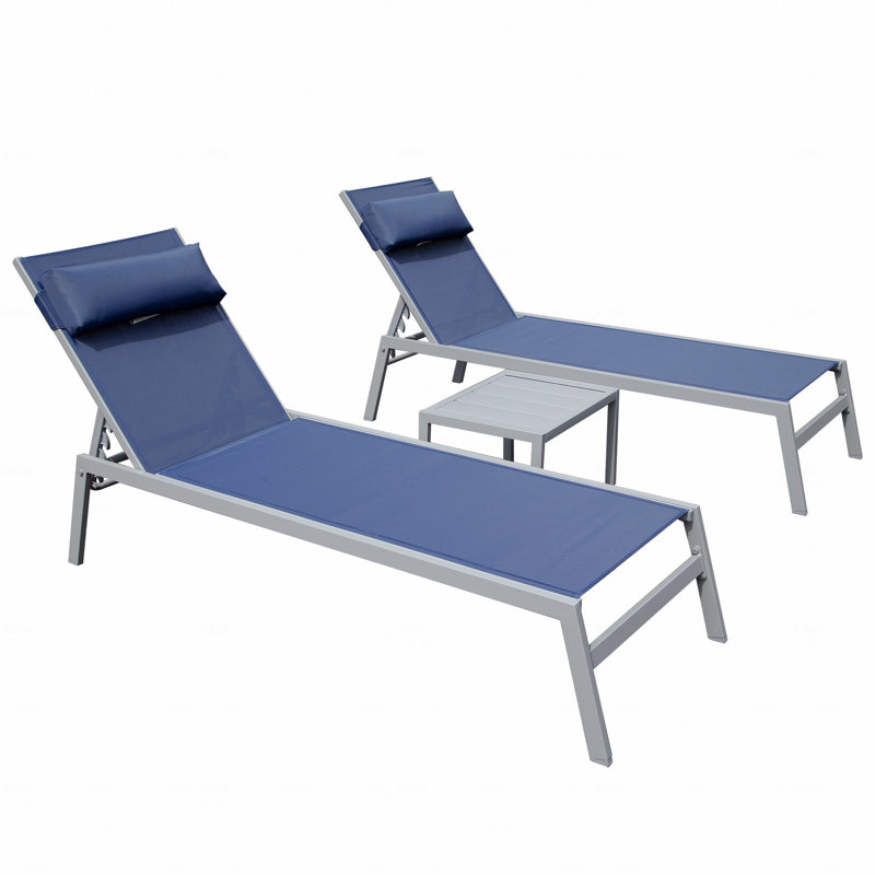 Ensemble de 3 chaises longues de patio, chaises longues de piscine en aluminium avec table d'appoint, fauteuil inclinable d'extérieur réglable