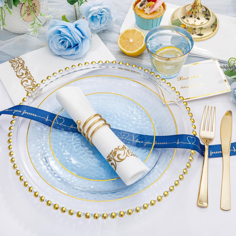 Service de vaisselle 175 pièces en plastique bleu clair pour 175 invités, assiettes jetables martelées pour la fête