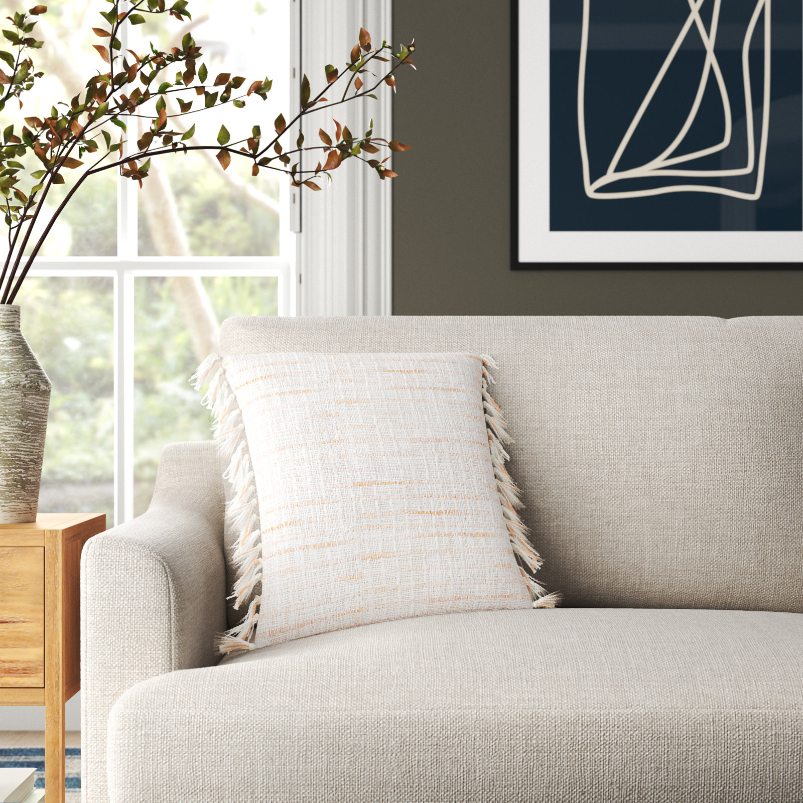 Duncan Cotton Throw Pillow, 18" H x 18" W, No Fill, Ivory/Peach