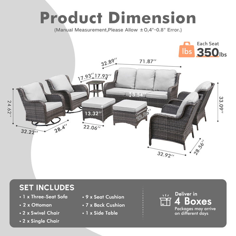 Ensemble de conversation en osier / rotin pour 7 personnes avec coussins, Coussin gris / cadre gris