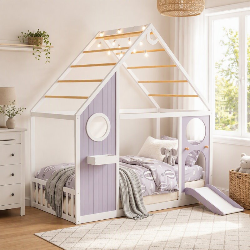 Lit simple avec glissade, bande lumineuse à billes, lit plateforme en bois avec panneau avant et panneau avant, mobilier de chambre amusant