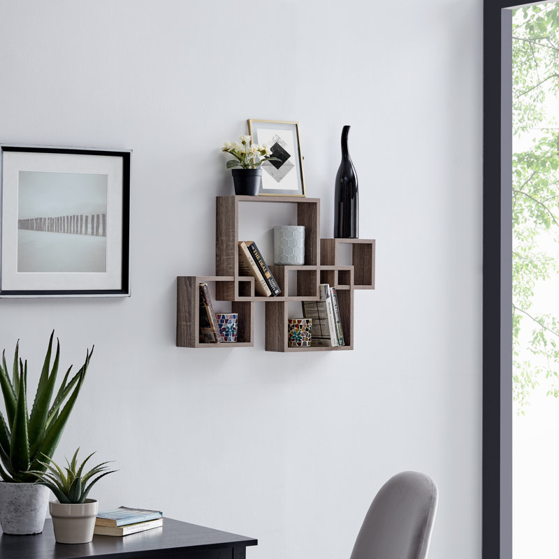 Intersecting Cube Accent Wall Shelf, Weathered Oak