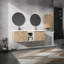Meuble-lavabo de salle de bain avec lavabo et boîte de rangement latérale. Perspectives modernes, mécanisme. Contreplaqué, pour porter de l'eau. Armoire de rangement imitation chêne Nuance. Chic, caractéristique. . Ton-364128691