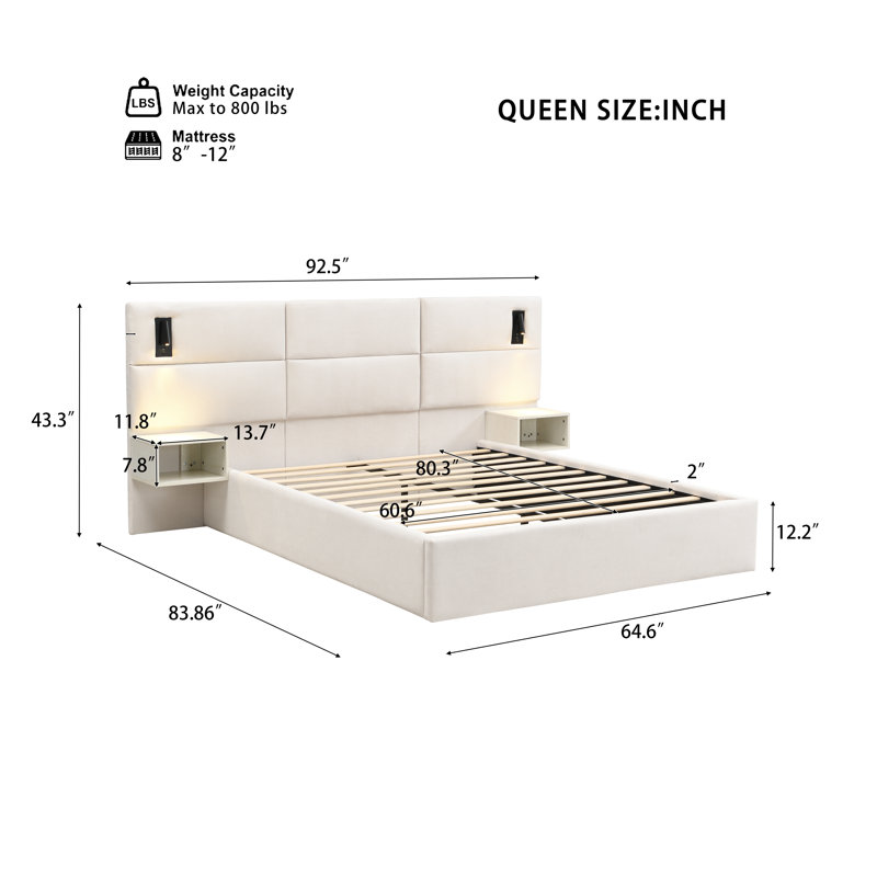 Velaris Modern Contemporary Upholstered Smart Bed with Integrated Reading Light and Storage Shelves, Queen
