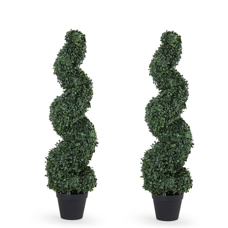 Topiaire artificiel en spirale de buis, arbre en plastique noir en pot, Vert foncé, H 35,44 po x l 11 po x P 11 po