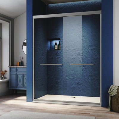 Porte de douche coulissante en verre de 56 à 60 po X P 72 po H, porte de douche semi-encadrée réglable, verre trempé transparent épais certifié, poignées en acier inoxydable 304, nickel brossé