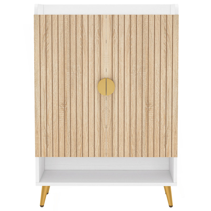 29.6” White & Natural Wooden Shoe Cabinet with Doors, 7-Tier Shoe Storage Organizer, White+Natural