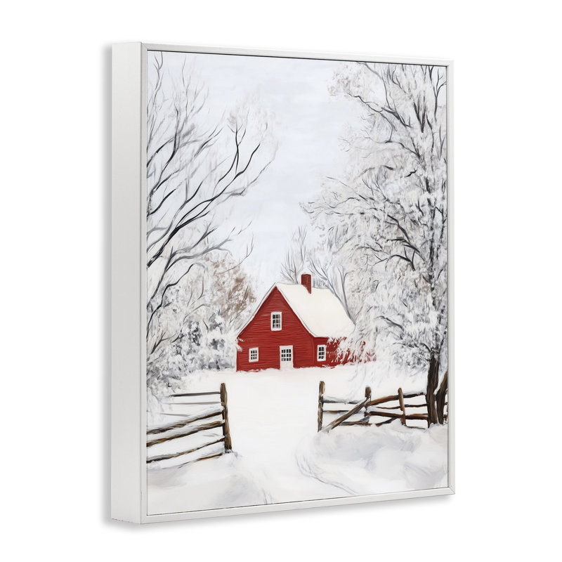 «Red Farmhouse in Snow», estampe numérique, design par Arlington Prints, H 20 po x l 16 po