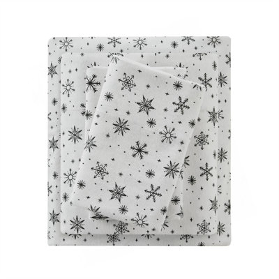 4-Piece King 100% Cotton Printed Sheet Set,Black Snowflakes