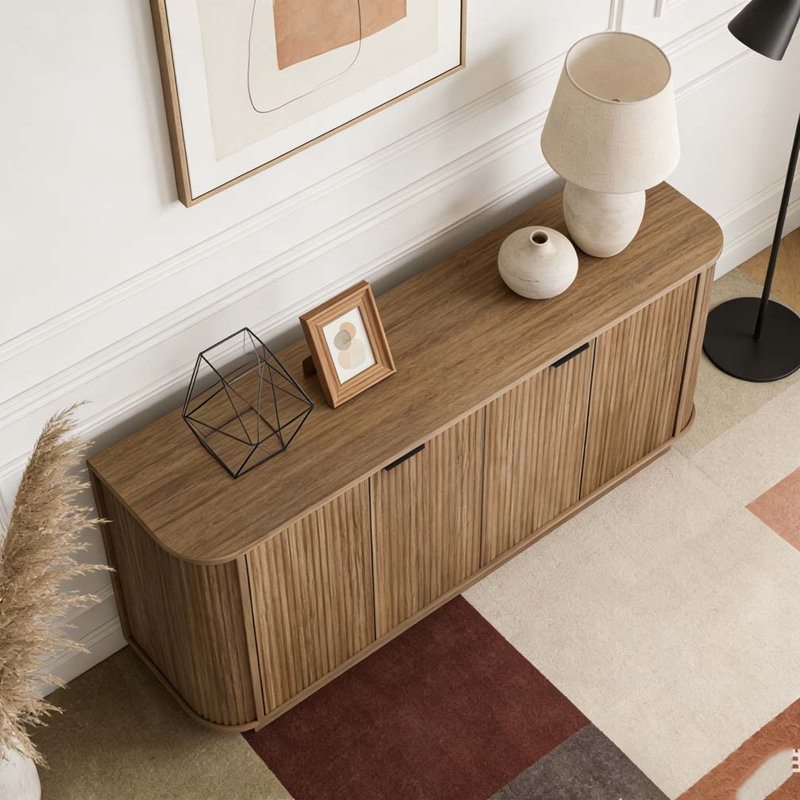63"Wavy Storage Sideboard, Double-Door Buffet Cabinet with Adjustable Shelves, Brown