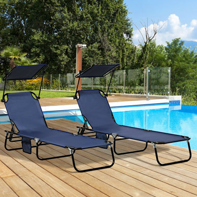 Outsunny Folding Chaise Lounge Pool Chairs With Canopy Shade, Reclining Back, Steel Frame, And Side Pocket For Beach, Yard, Patio, Dark Blue