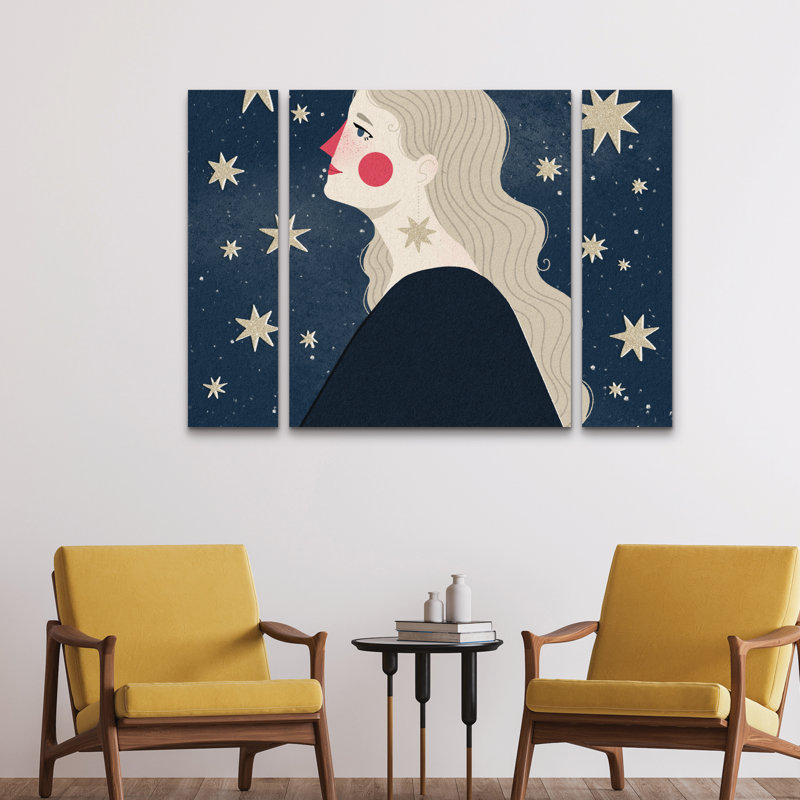 Ensemble de 3 panneaux muraux - Julia Leister «Stargazing», art mural sur toile pour le salon, la chambre à coucher ou le bureau 