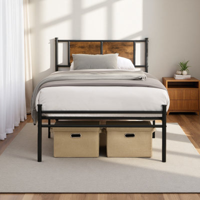 Twin XL Size Metal Bedframe,Headboard With Wood Panel Decoration