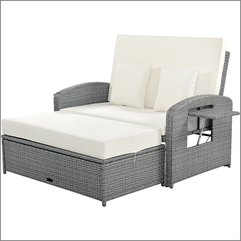 PE Wicker Rattan Double Chaise Lounge, 2-Person Reclining Daybed with Adjustable Back and Cushions, Free Furniture Protection Cover, White