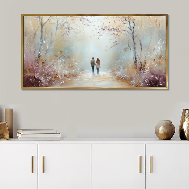 «Purple Brown Couple Walking Down Forest Pathway I», art mural sur toile romantique romantique, reproduction encadrée moderne