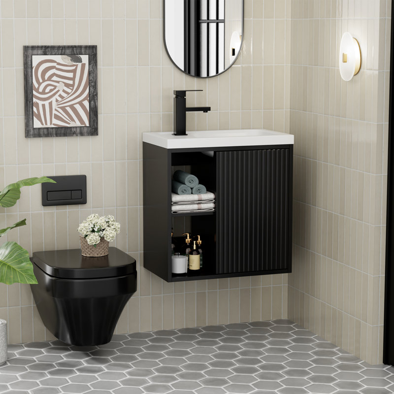 Petit meuble-lavabo mural 20 po avec lavabo, robinet et drain intégrés, Black