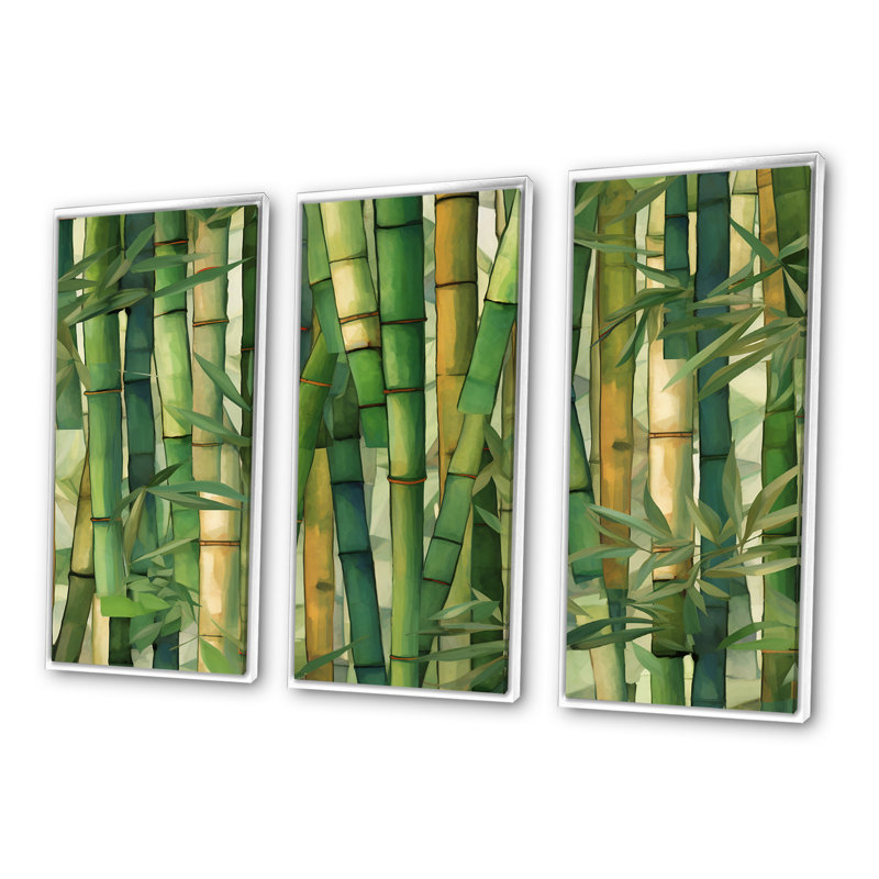 «Whispering Bamboo Geometric Patterns I», ensemble d'art mural sur toile en bambou, Cadre flottant blanc