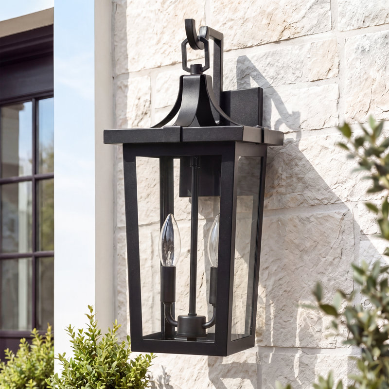 Applique murale d'extérieur moderne de style ferme, noire, à 2 lumières, 46 cm (18,13 po), avec verre transparent et fond ouvert.