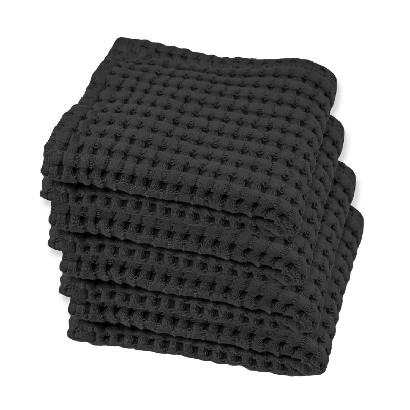 Waffle Washcloth Set of 4 – 100% Natural Cotton, Quick-Dry Exfoliating Wash Cloths, Modern Style, Faded Black