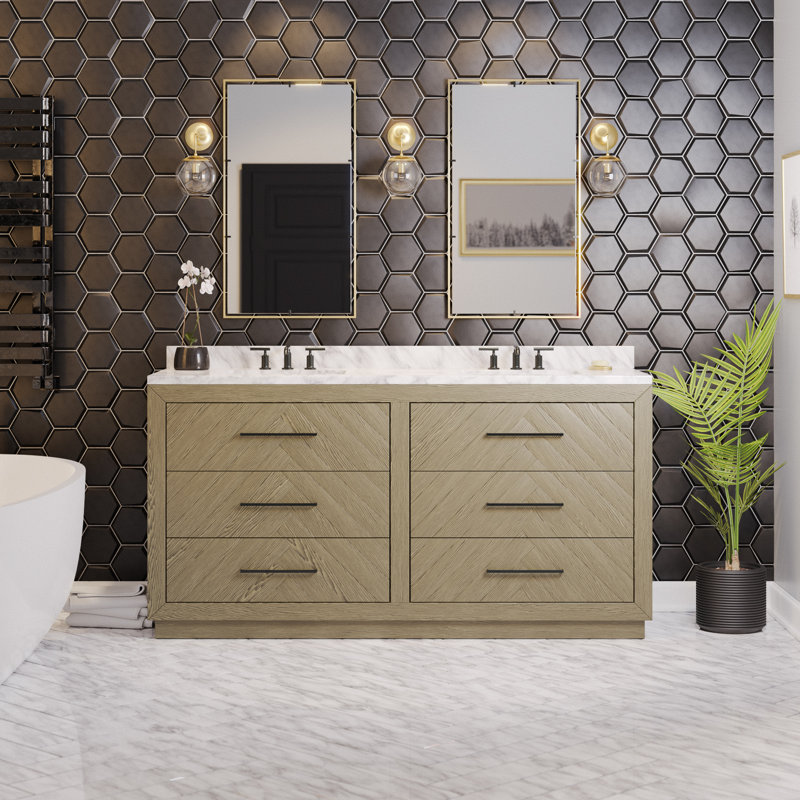Rumalda 72'' Double Bathroom Vanity with Carrara Marble Top, Gray Oak