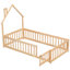 Lit simple au sol avec tête de lit en forme de maison et clôture de garde-corps - Structure en pin-1359313040