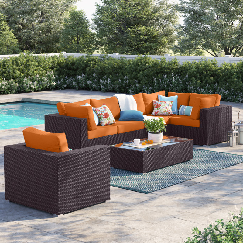 Modway Convene Wicker Rattan 7-Piece Outdoor Patio Sectional Sofa Furniture Set, Orange