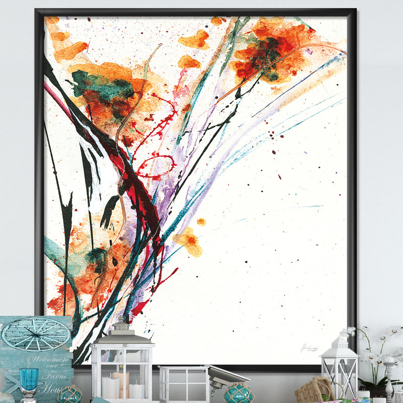Cadre photo « abstract handpainted orange florals », reproduction sur toile, H 46 po x l 36 po x P 1,5 po, Cadre noir