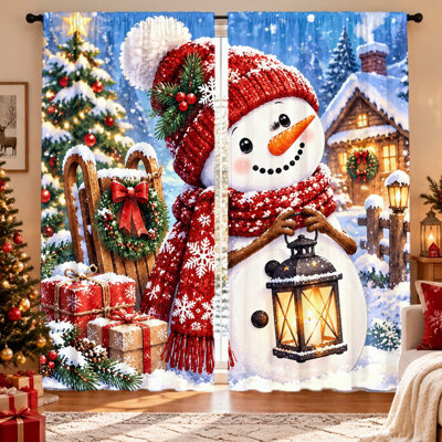 2 pièces rideaux à imprimé bonhomme de neige de Noël, atmosphère festive et confortable, tissu filtrant la lumière, protection de la vie privée, conception à passe-tringle, lavable à la machine, convient au salon, à la chambre à coucher, à la décoration des Fêtes