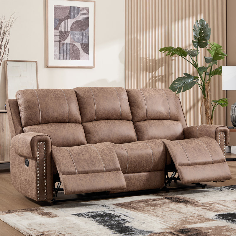 Caleb 85" Oversize Classic Vegan Leather Upholstered Manual Reclining Sofa, 3-Seater Recliner Couch, Camel