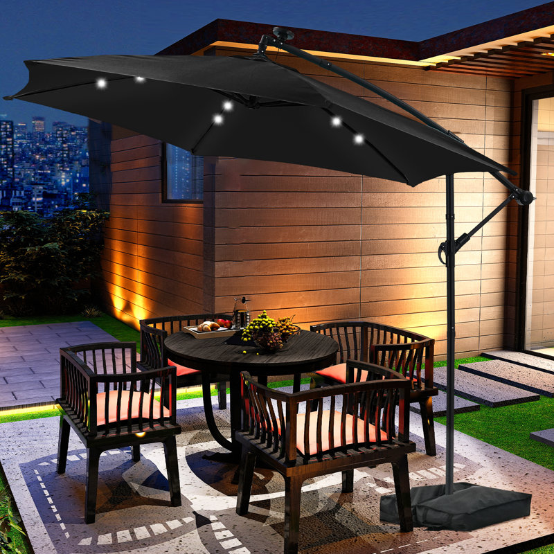 Parasol de marché suspendu 10 pi avec lumières solaires et base, Noir
