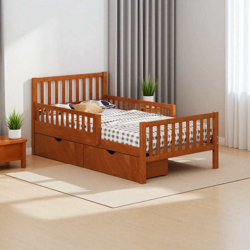 Lit plateforme en bois avec garde-corps des deux côtés et deux tiroirs de rangement, Lit simple