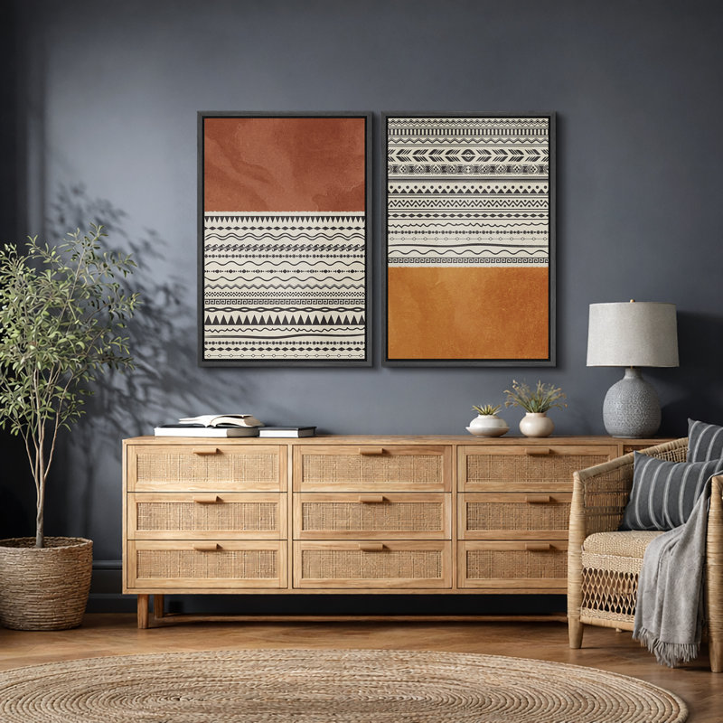 «Geometric Line», «Orange brun Tribal Boho Artwork», images murales bohémiennes abstraites, impression sur toile encadrée, 2 pièces