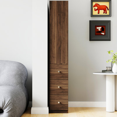 69.01" H 4 Shelved 3 Side Drawer Modern Storage For Salon Decor, Walnut Finish, 20.04 In Depth Tall 4-Shelf Display Cabinet Space, 11.67 Width, Material