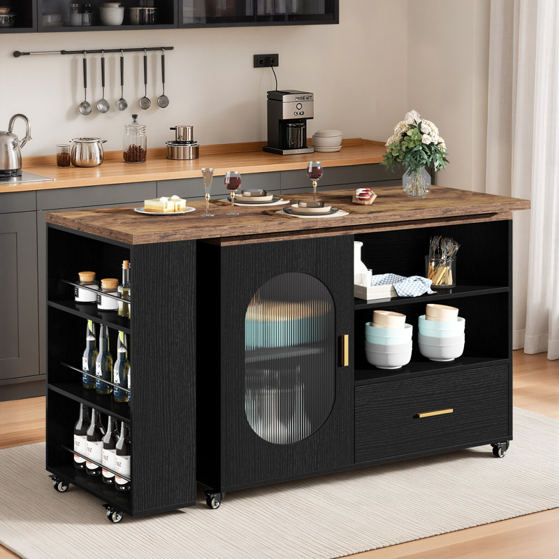 Îlot de cuisine avec table allongée, armoire de rangement, tiroirs, brun rustique et chêne noir, Brun rustique / noir