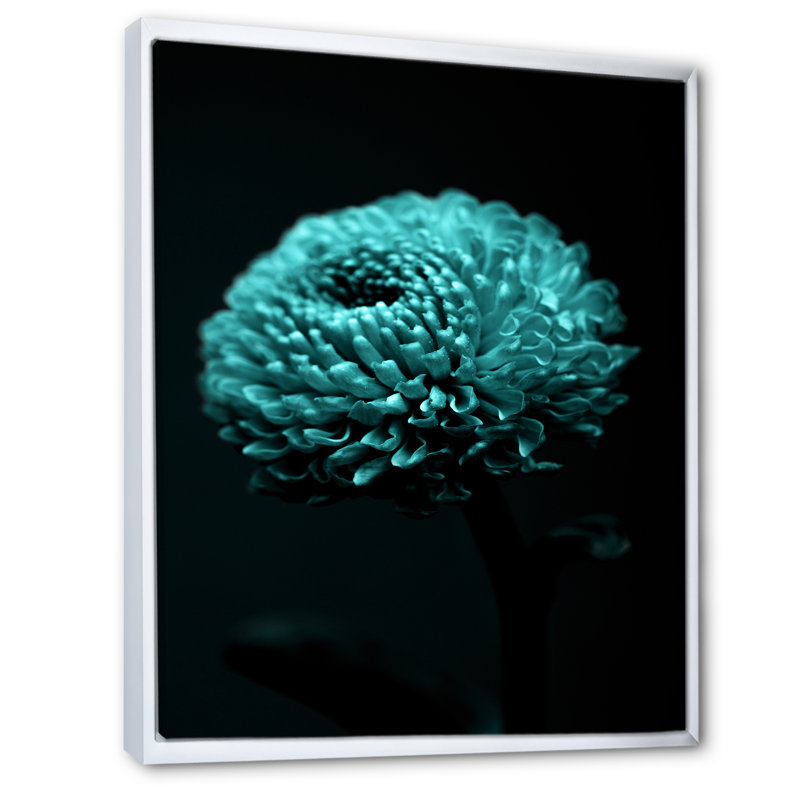 Une fleur turquoise - art mural moderne sur toile, Cadre flottant blanc, H 32 po x l 16 po x P 1 po