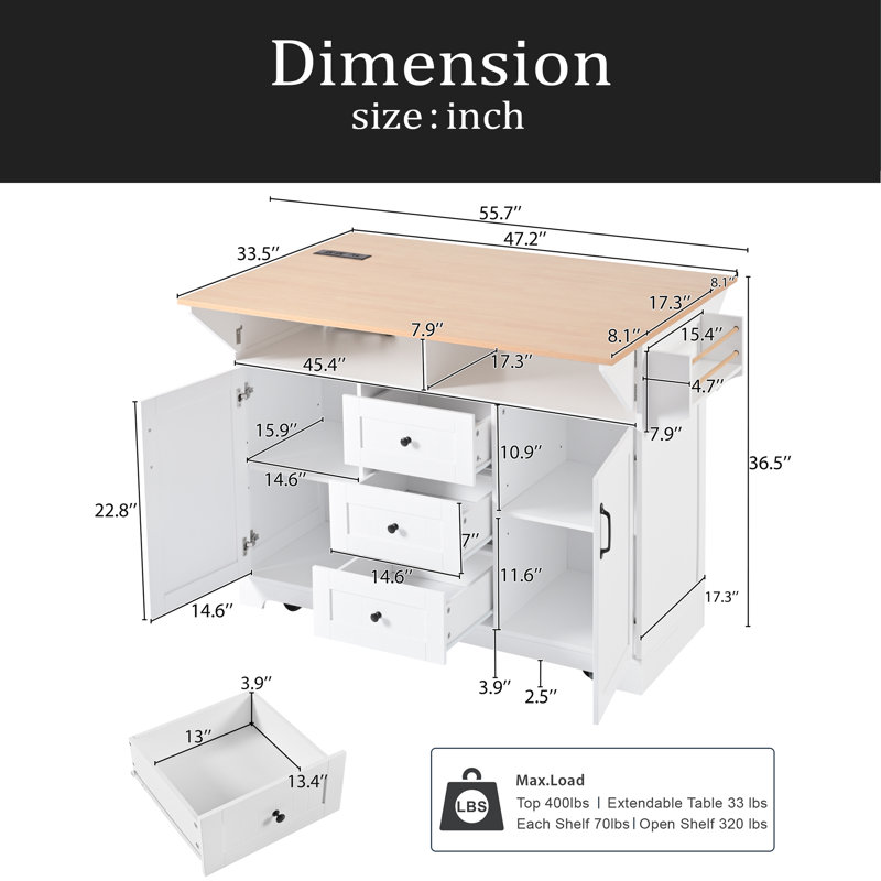 Grand îlot de cuisine 55,7 po avec 2 abattants, chariot de cuisine roulant sur 5 roulettes avec prise de courant, table de salle à manger pliante avec porte-épices et porte-serviettes, 3 tiroirs, pour la cuisine, la salle à manger