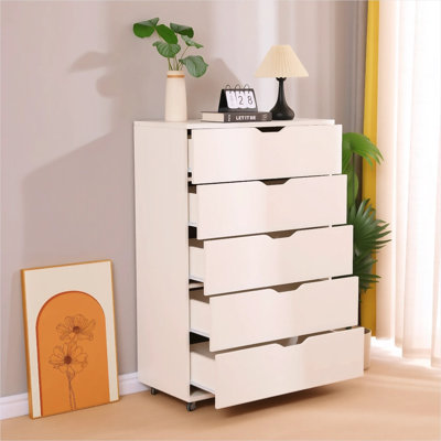 Commode mobile à 5 tiroirs au fini blanc classique - Armoire de rangement moderne avec roulettes pour l'organisation de la chambre à coucher ou du bureau à domicile