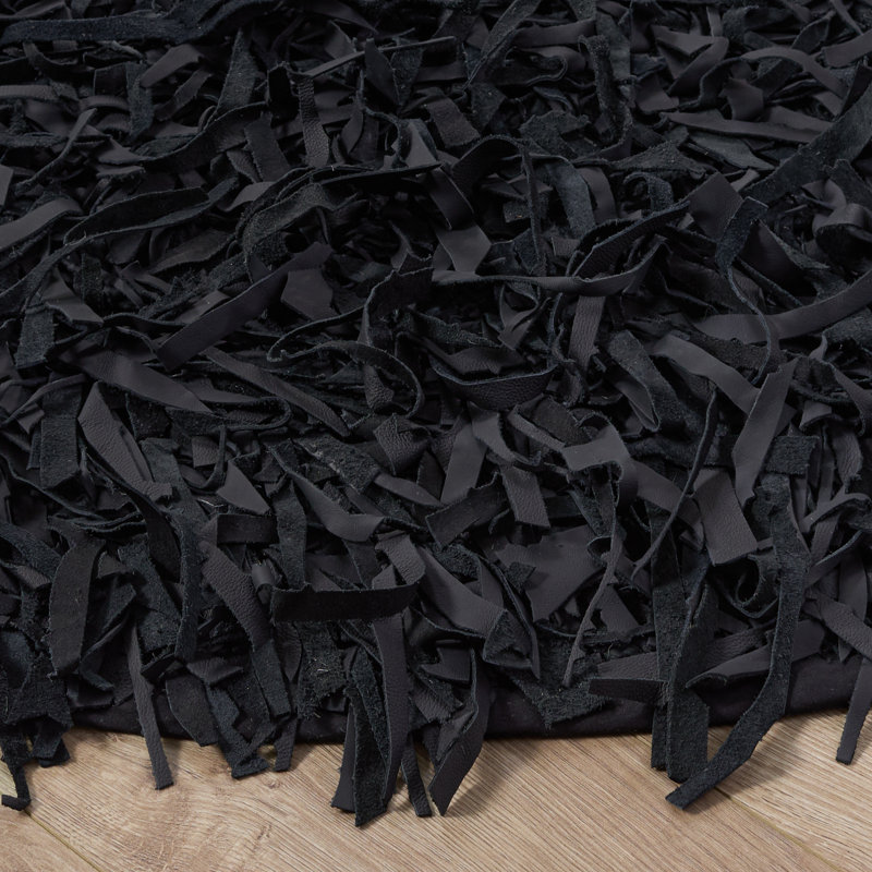 Tapis noir en cuir noué à la main Godsey, Rond 5 pi