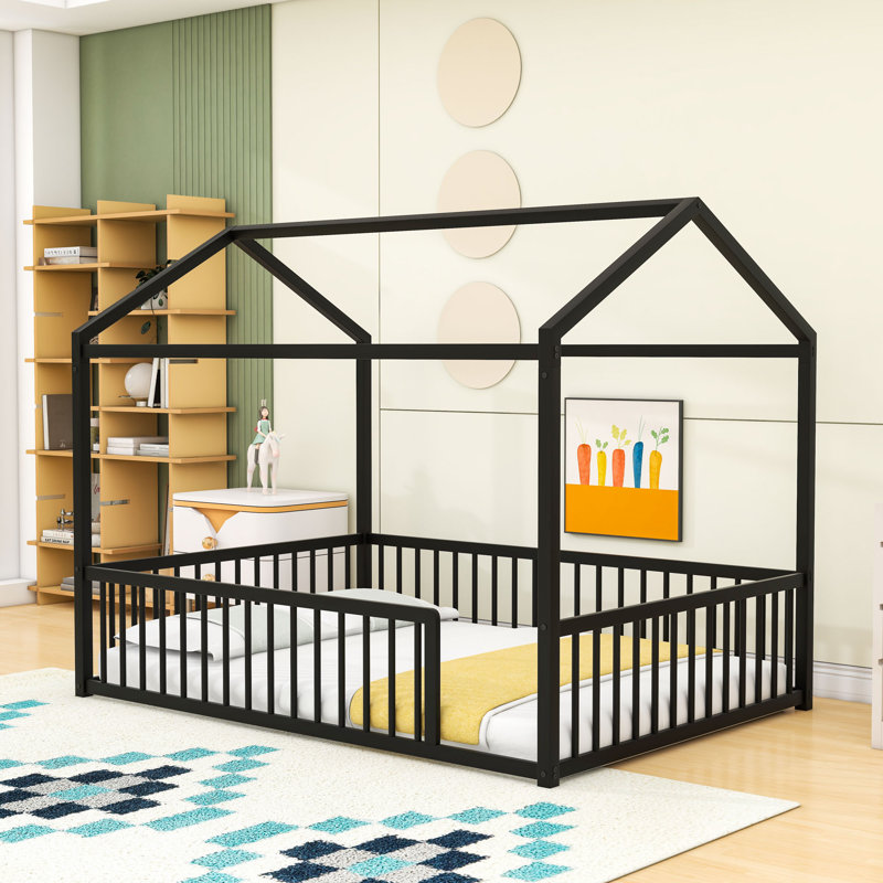 Structure de lit en métal avec clôture de sécurité Montessori, Noir, noir, noir, noir, Double