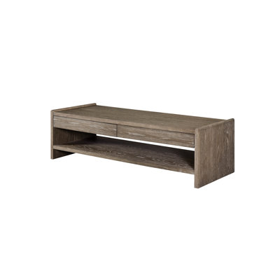 Table basse à 2 tiroirs avec dessus en bois avec tiroirs à fermeture en douceur offrant une performance à long terme, deux pour la disposition à distance et sous-verre, des tablettes pleine longueur pour les livres, une finition patinée