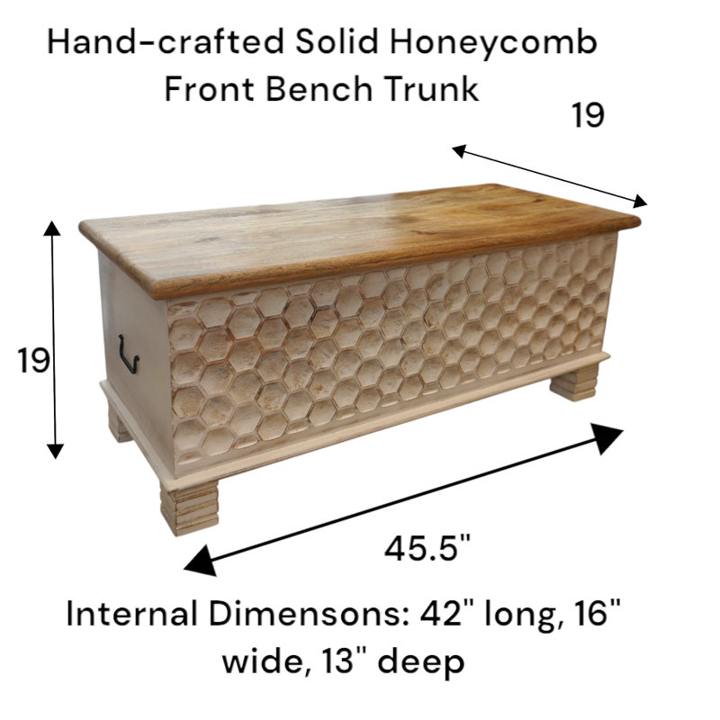 Hand-crafted Solid Wood Large Bench Trunk With Honeycomb Carved Front Panel