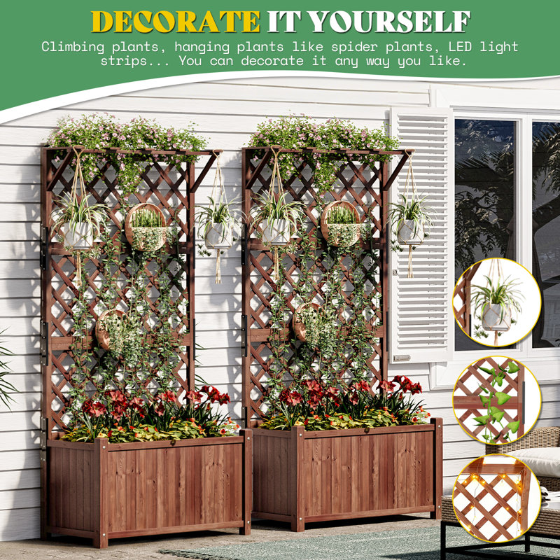 Ensemble de 2 lits de jardin surélevés avec treillis, boîtes à fleurs en bois naturel avec trous de drainage pour légumes et plantes grimpantes, écran d'intimité, assemblage facile