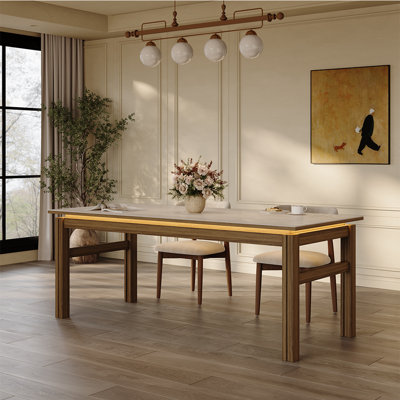 79" Modern LED Light Strip Dining Table with Travertine Matte Sintered Stone Top and Walnut Solid Wood Legs, Mid-Century Style Design