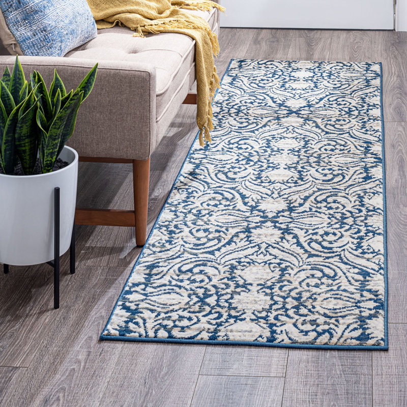 Tapis damassé bleu foncé Dania, Tapis de couloir 2 pi 3 po x 10 pi