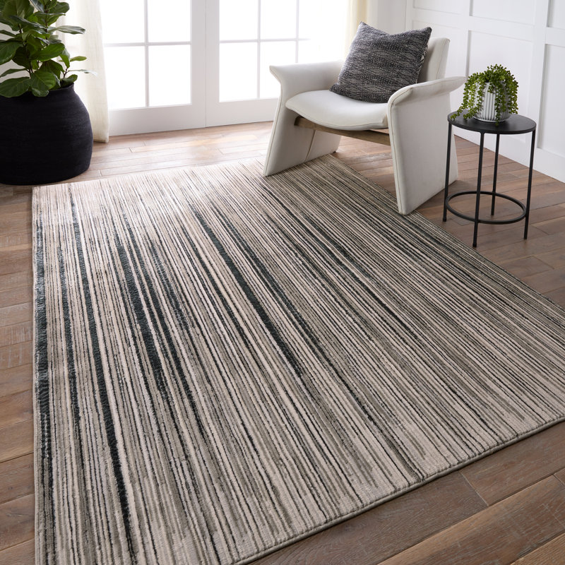 Tapis rayé tissé à la machine en gris / crème, Rectangle 6 pi 7 po x 9 pi 6 po