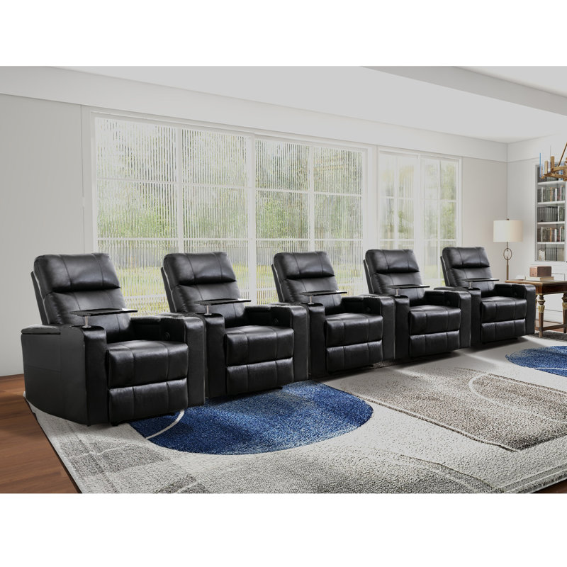 33.1'' Wide Modern Faux Leather Power Reclining Home Theater Individual Seat with Cup Holders (Set of 5), Black