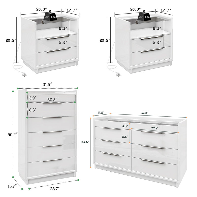 Ensemble de chambre à coucher 4 pièces avec commode et table de chevet ultrabrillantes, blanc, Blanc