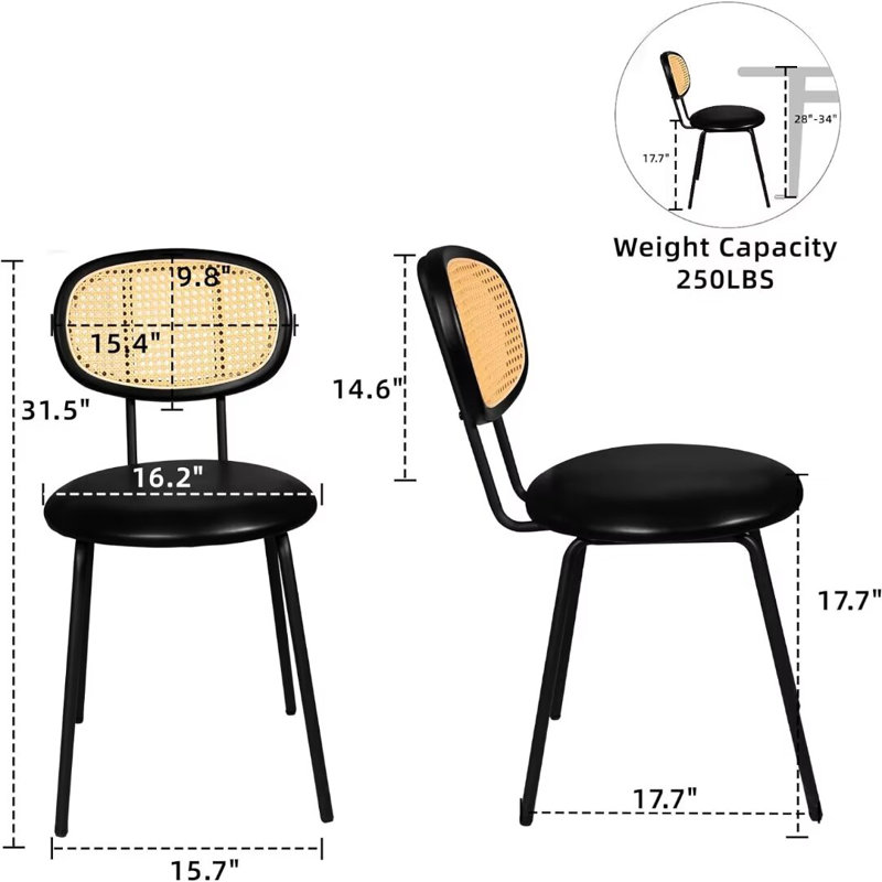Analeya Side Chair Dining Chair with Rattan Back (Set of 2), Black, 4