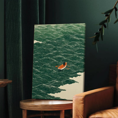 1 pièce, art mural encadré, vagues de l'océan vert minimaliste, art mural sur toile avec chaloupe et figure